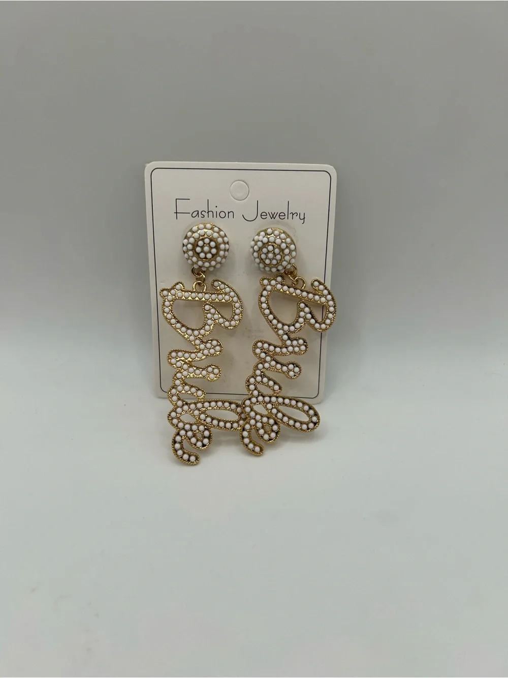 🆕 Gold and White 'Bride’ Script Drop Earrings - Fashion Jewelry